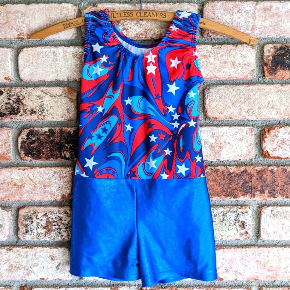 🇺🇸 Lavalune Shorts Leotard Dance Gymnastics USA Stars Red White Blue Small 5-6